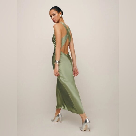 NEW NWT Reformation Casette Silk Maxi Dress Artichoke Sage Green Open Back - Picture 2 of 11